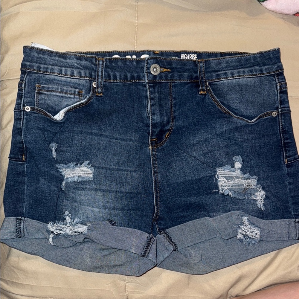 High Waist Blue Denim Stretchy Shorts with Distressed Details